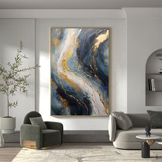 an abstract painting hangs in the living room