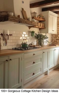 an image of a kitchen setting with white cabinets and wood counter tops on the wall