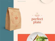 the perfect plate is sitting next to a paper bag and a white plate with food on it