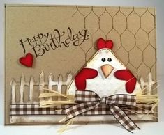 a happy birthday card with a chicken on the fence