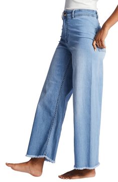 These high-waist jeans are ready for a sunset stroll with frayed hems and an easygoing wide-leg silhouette. 28" inseam; 22" leg opening; 12" front rise; 16" back rise (size 29) 98% cotton, 2% elastane Machine wash, tumble dry Imported Billabong Women Jeans, What To Wear With Wide Leg Jeans, How To Wear Wide Leg Jeans, Maxi Skirt Pattern, Surf Spray, High Waist Wide Leg Jeans, Fall Jeans, Linen Blend Pants, Crochet Skirt