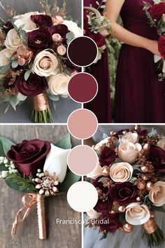 the bridesmaid's bouquets are arranged in shades of burgundy, white and gold