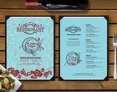 a restaurant menu on a wooden table with silverware and utensils next to it