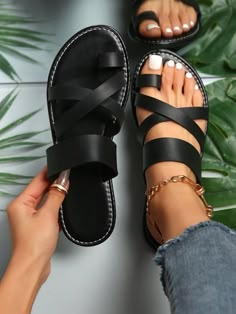 Women's Asymmetrical Strappy Flat Slippers With Toe Loop, Spring Summer Round Toe Roman Sandals, Ideal For Home, Outdoor, Vacation Black Fashionable   PU Leather Plain    Women Shoes, size features are:Bust: ,Length: ,Sleeve Length: Beach Toes, Summer Sandals Flat, Women Flat Sandals, Pretty Sandals, Fashion Shoes Sandals, Roman Sandals, Trendy Sandals, Sandals Flat, Leather Sandals Flat