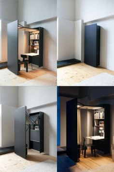 four different views of a small room with desk and bookshelf in the corner