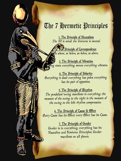 the 7 bernietic principles on parchment paper with an illustration of a man playing a trumpet