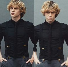 two images of a man with blonde hair and black shirt, standing in front of a gray wall