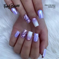 Buy Fofosbeauty 24pcs Press on False Nails Tips,Coffin Fake Acrylic Nails, Aurora Silvery Purple at Walmart.com Fake Acrylic Nails, Nagel Tips, Fake Nails With Glue, Stick On Nails, Nail Designs Spring, Fancy Nails, Nail Polishes, Artificial Nails, Chrome Nails