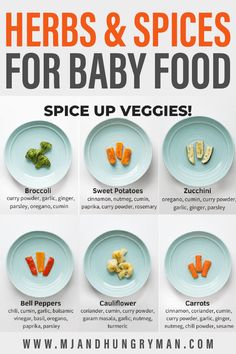 an image of baby food on plates with the words herbs and spices for baby food tips & tricks spice up veggies