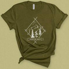 Adventure awaits t-shirt for women is the perfect camping tee with a rustic nostalgic feel. Wear this mountains graphic tee while enjoying nature and the great outdoors graphic. Grab your gear and head out in your new backpacking shirt this summer! This medium weight graphic t-shirt is super soft, comfy, and fits like a well loved favorite tee the first time you put it on. Details 100% superior combed and ring-spun cotton *Heather Blends are 50/50 cotton polly Unisex cut that flatters any figure Mountains Graphic, Mountain Graphic Tee, Summer Details, Enjoying Nature, Camping Tee, Cut Tees, Adventure Shirt, T Shirt For Women, Better Love