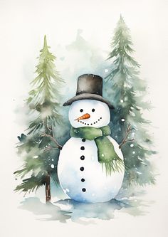 a watercolor painting of a snowman with trees in the background