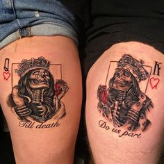 two people with tattoos on their legs that say do us part and do us part