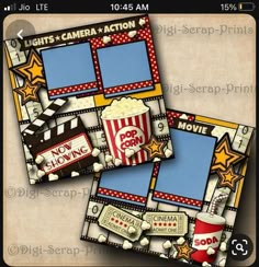 two pictures with popcorn, movie tickets and stars on them are shown in this digital scrapping