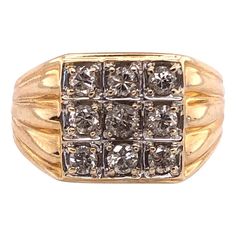 14Kt Yellow Gold Contemporary Ring with 9 Round Diamonds weighing approx 1 Carat. 9.5 Sized and 5.41 grams total weight. Contemporary Ring, Men's Jewelry, Cluster Ring, 1 Carat, Fashion Rings, Round Diamonds, Diamond Ring, Mens Jewelry, Jewelry Rings