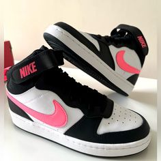 Nike Shoes Pink White And Black, High Top Sneakers Nike Shoes Pink, Nike Jordan Black, White And Black Shoes, Pink And Black Nikes, Pink Nike Shoes, Black High Top Sneakers, Nike Air Vapormax Flyknit, Air Max Women