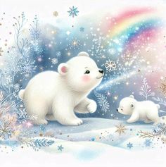 a polar bear and her cub are standing in the snow with a rainbow behind them