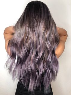 Lavender Hair Bayalage, Bright Color Ombre Hair, Dark Blonde Lavender Hair, Lavender Hair On Dark Hair, Smokey Lilac Hair Balayage, Lavender And Blonde Highlights, Mauve Ombre Hair, Color Melt Purple, Lavender Lowlights Brunette