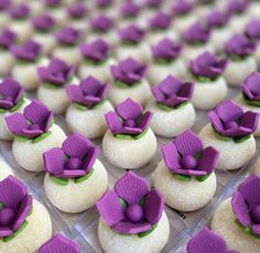 purple flowers are placed on top of white macaroons