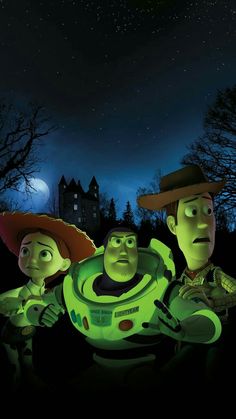 three cartoon characters are standing in front of a green object at night with the moon behind them