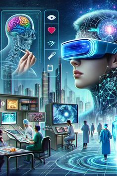 a woman with virtual glasses on her head in front of a futuristic cityscape