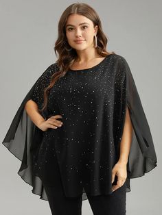 Chiffon Rhinestone Split Dolman Sleeve Blouse – BloomChic Plus Size Dressy Tops, Cape Blouse, Womens Trendy Tops, Modest Dresses Casual, Ladies Blouse, Evening Tops, Animal Print Blouse, Winter Color, Modern Women