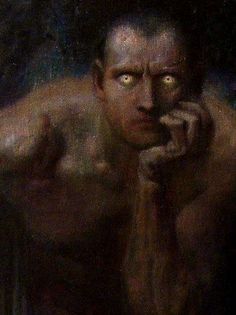 a painting of a shirtless man holding his hand to his face and looking at the camera