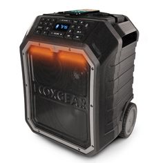 an image of a black and gray speaker with wheels on it's sides, showing the word lovecraft