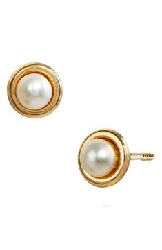 14K gold frames elegant cultured freshwater pearls to create these must-have studs. 0.15" length Post back 14K gold/cultured freshwater pearls Imported Classic Gold Round Pearl Earrings, Classic Gold Pearl Earrings, Classic 14k Yellow Gold Pearl Earrings, Classic Yellow Gold Pearl Earrings For Formal Occasions, Classic 14k Gold Pearl Earrings, Classic Round Yellow Gold Pearl Earrings, Classic Yellow Gold Round Pearl Earrings, Classic Gold Pearl Earrings For Formal Occasions, Classic Gold Pearl Earrings For Anniversary