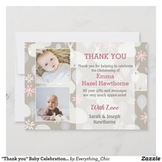 a thank card for a baby's first birthday with photos and flowers on it