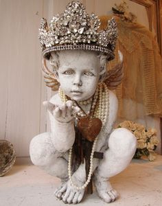 Gorgeous cherub angel statue with jeweled crown, one of a kind Cherubim sculpture with rhinestone adorned crown white anita spero design Cherub Statue, Large Fireplace, Cherub Sculpture, Farmhouse Life, Angel Figure, Angel Statue, Angel Sculpture