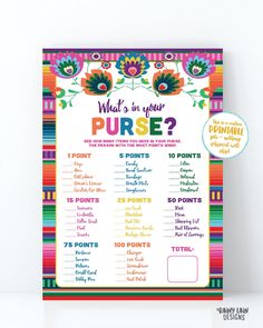 a colorful poster with the words what's in your purse? written on it