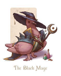 a bird wearing a witches hat and holding a magic wand in its beak with the words, the black mage written below it