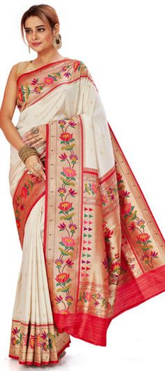 White and Off White color Saree in Silk fabric with Weaving, Zari work White Traditional Wear For Marriage, White Traditional Wear For Marriage And Festivals, White Resham Embroidered Dupatta For Marriage, White Traditional Drape For Marriage, White Traditional Drape Wear For Marriage, Traditional Marriage Wear With Pallu, White Traditional Wear With Zari Work For Marriage, White Wedding Dupatta With Traditional Patterns, White Dupatta With Pallu For Marriage