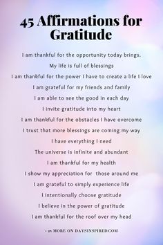 a poem with the words affirmmations for gratitude on it