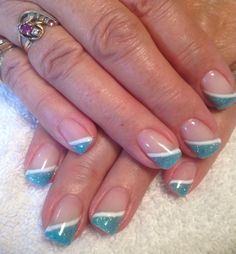 Blue side angle gel tips Angled French Tip Nails, Turquoise French Tip Nails, Nail Art Design 2023, Space Nail Art, Summer Nails Coffin, Glitter Gel Nail Designs, Nail Art For Short Nails, Art For Short Nails, French Manicure Nail Designs