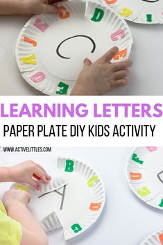 paper plate crafts for kids with the words learning letters on them and hands holding scissors