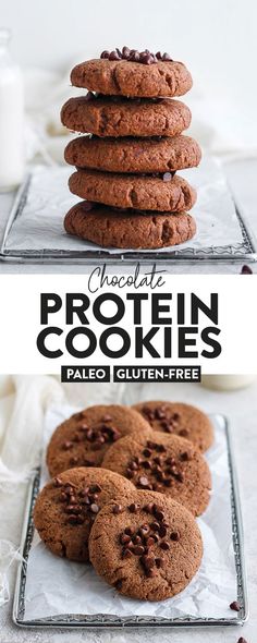 chocolate protein cookies stacked on top of each other with the title in the middle above