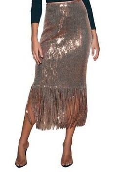 Lulu Toast to This Rose Gold Sequin Fringe Midi Skirt Size Small  | eBay Sequin Fringe Skirt, Skirt Lulus, Gold Sequin Skirt, Skirt Sequin, Gold Skirt, Rose Gold Sequin, Fringe Skirt, Roaring 20s, 2020 Trends