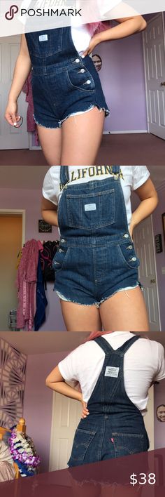 NWOT Levi short overalls Blue denim Levi’s shorts overalls Never worn, except for these photos  NWOT Model wears 27-28 in pants Levi's Shorts Jean Shorts