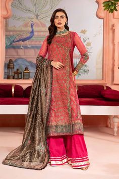 Socking Pink Shade Embroidered Pakistani Party Wear Sharara Frock Festive Embroidered Traditional Party Wear, Red Organza Anarkali Set With Dabka Detail, Red Organza Anarkali Set With Dabka, Formal Dresses With Zari Work In Raw Silk, Formal Raw Silk Dress With Zari Work, Semi-stitched Zari Work Dress For Formal Occasions, Unstitched Elegant Gown For Festive Occasions, Traditional Lawn Suit With Intricate Embroidery For Party, Formal Gown With Resham Embroidery For Eid