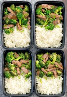 four plastic trays filled with rice and broccoli covered in beef, onions and mushrooms