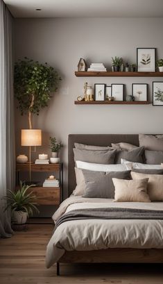 a bed sitting in a bedroom next to a window with pictures on the wall above it