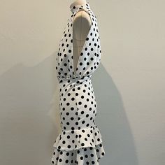 White Polka Dot High Neck Frill Hem Bodycon Dress Fitted Polka Dot Midi Mini Dress, Fitted Polka Dot Mini Dress, Knee-length, Fitted Polka Dot Knee-length Mini Dress, Chic Polka Dot Knee-length Mini Dress, Fitted Knee-length Polka Dot Mini Dress, Chic Knee-length Polka Dot Mini Dress, Fitted Polka Dot Dress For Brunch, Fitted Polka Dot Midi Dress For Brunch, Elegant Polka Dot Knee-length Mini Dress