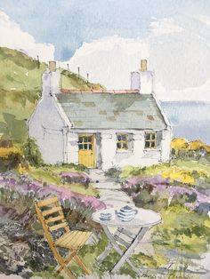 a watercolor painting of a house and chairs on the side of a road with flowers in front of it