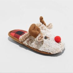 Brown Holiday Rudolf Scuff Slippers Features A Red Nose With Brown Antlers Faux-Fur Upper Sole Plaid Interior With Contrast Lining Cushioned Insole Slip-On Style Holiday Slippers, Brown Slippers, Christmas Slippers, Reindeer Face, Kids Holiday, Round Toe Shoes, Fuzzy Slippers, Cozy Gift, 5 Kids