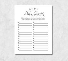 a printable abc's baby game is shown on a white background with black lettering