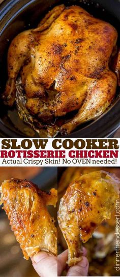 slow cooker rotissee chicken in the crock pot with text overlay