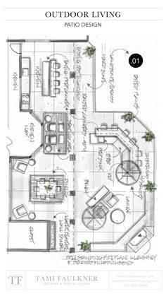 the floor plan for an outdoor living area with patio furniture and dining room in it