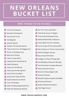 the new orleans bucket list is shown in purple and white with text overlaying it