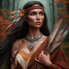 a native american woman with feathers in her hair